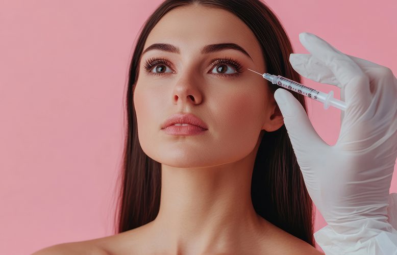Portrait of a mature woman in an editorial setting with small cosmetic vials and syringes